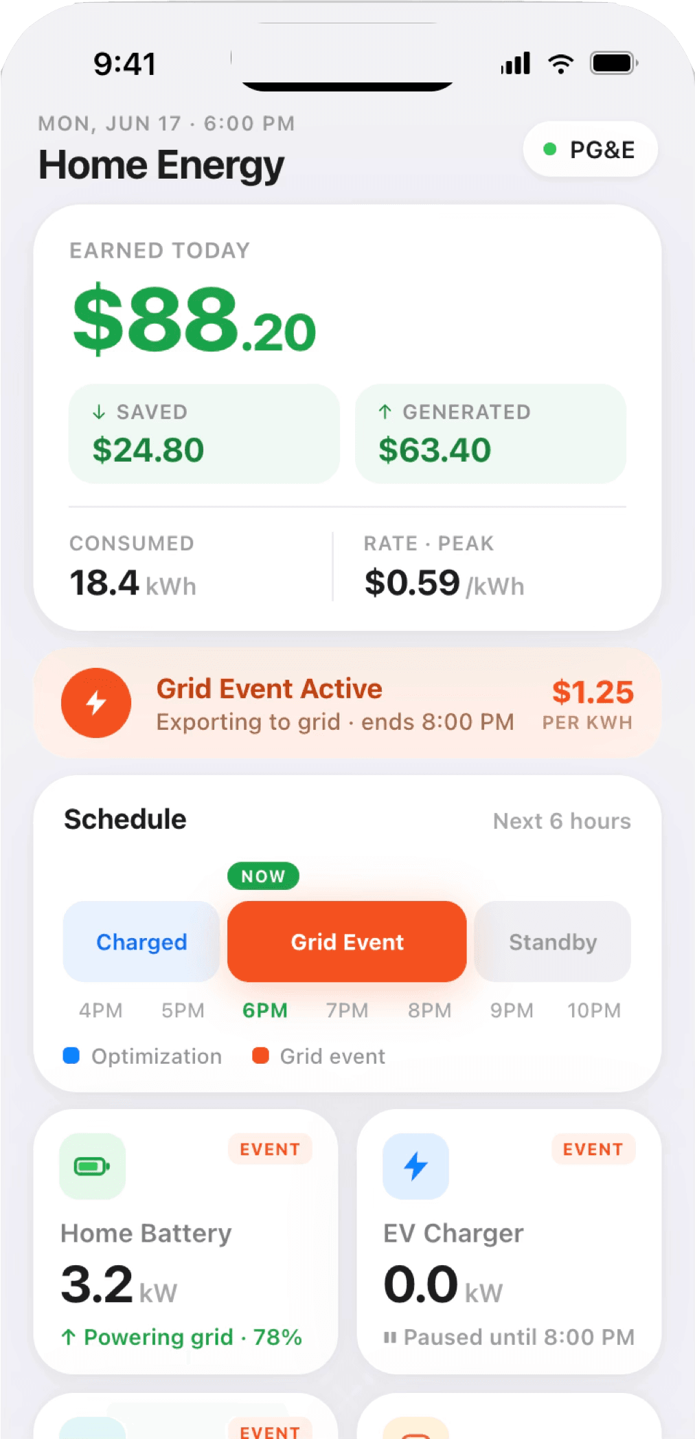 Home Energy app showing live earnings, grid events, and device management