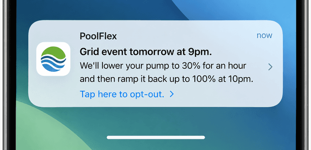 PoolFlex iOS notification: Grid event tomorrow at 9pm