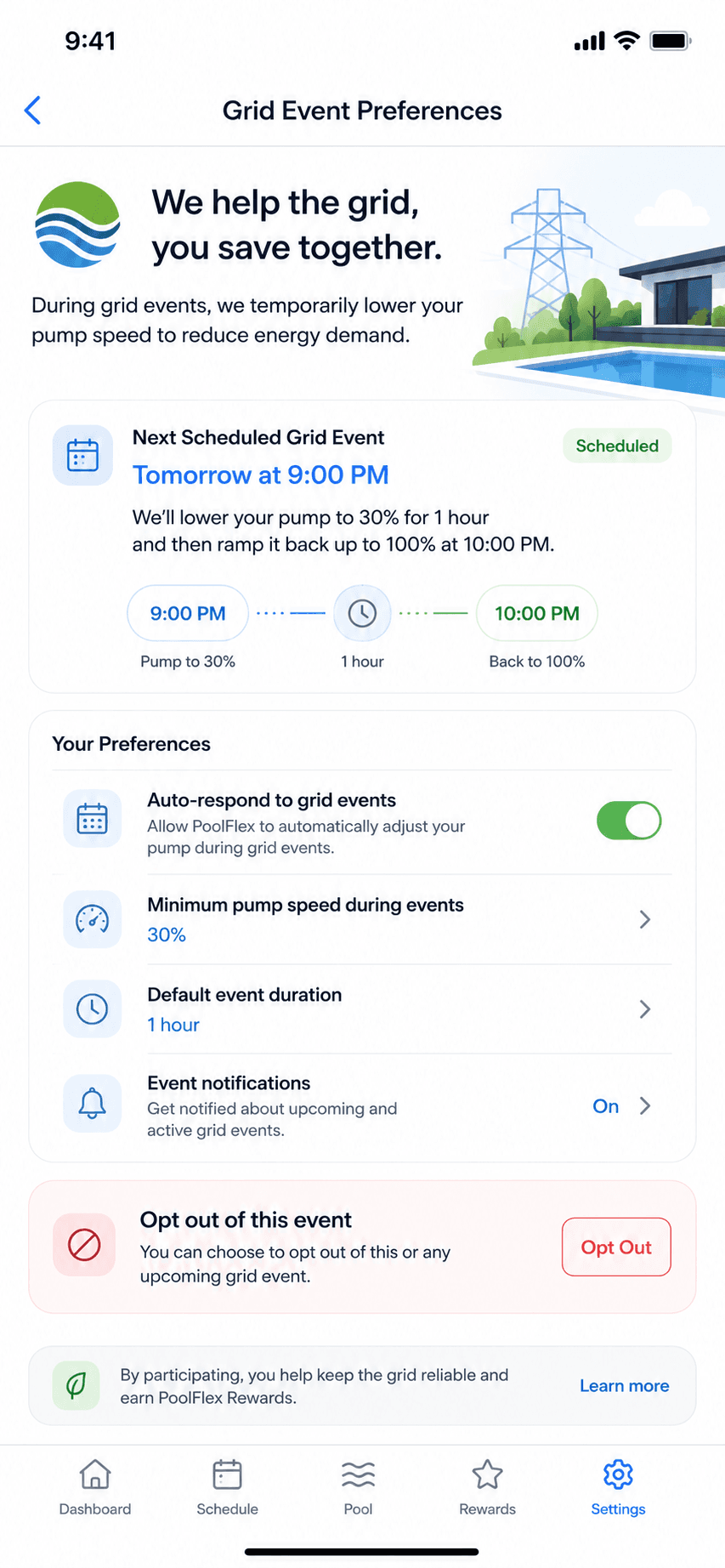 PoolFlex grid event preferences screen